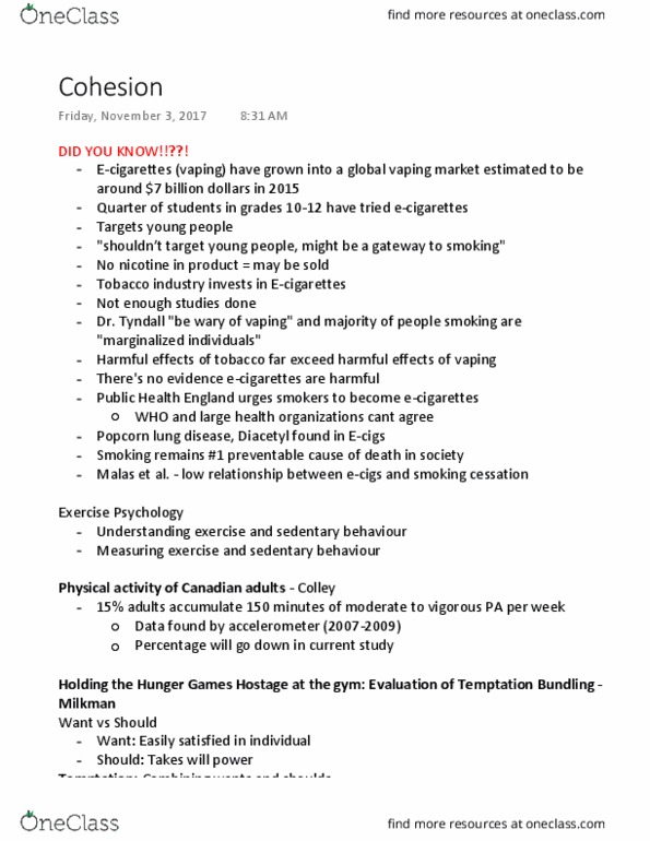 Kinesiology 1070A/B Lecture Notes - Lecture 3: Public Health England, Smoking Cessation, Diacetyl thumbnail