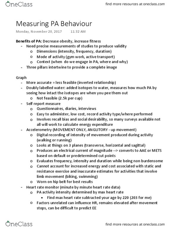 Kinesiology 1070A/B Lecture Notes - Lecture 13: Heart Rate Monitor, Accelerometer, Recall Bias thumbnail