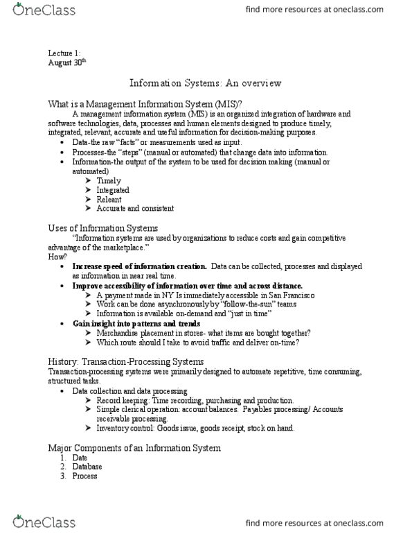 BIS 255 Lecture Notes - Lecture 1: Information System, Inventory Control, Accounts Receivable thumbnail
