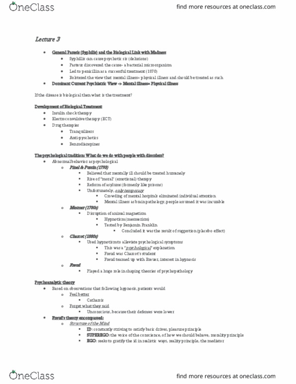 PSY 230 Lecture Notes - Lecture 3: Insulin Shock Therapy, Electroconvulsive Therapy, Animal Magnetism thumbnail