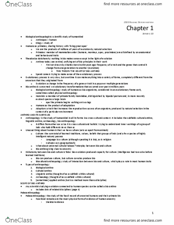 ANTHROP 2E03 Chapter Notes - Chapter 1-6: Dian Fossey, Biocultural Anthropology, Theodosius Dobzhansky thumbnail