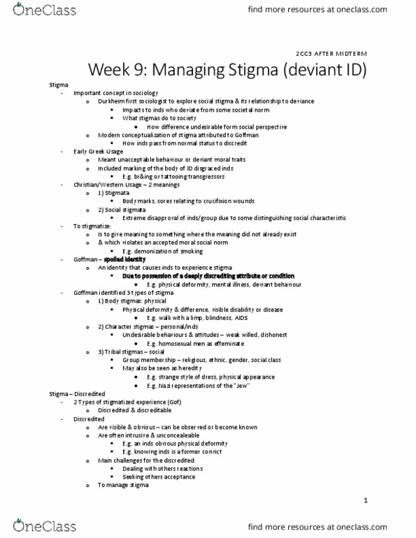 SOCIOL 2CC3 Lecture Notes - Lecture 11: Social Stigma, Erving Goffman, Norm (Social) thumbnail