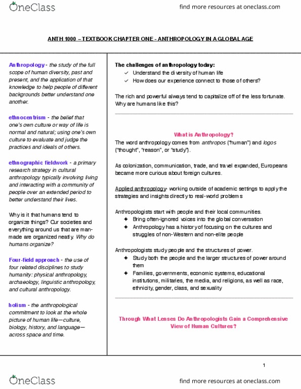 ANTH 1000 Chapter Notes - Chapter 1: Linguistic Anthropology, Applied Anthropology, Anthropology Today thumbnail