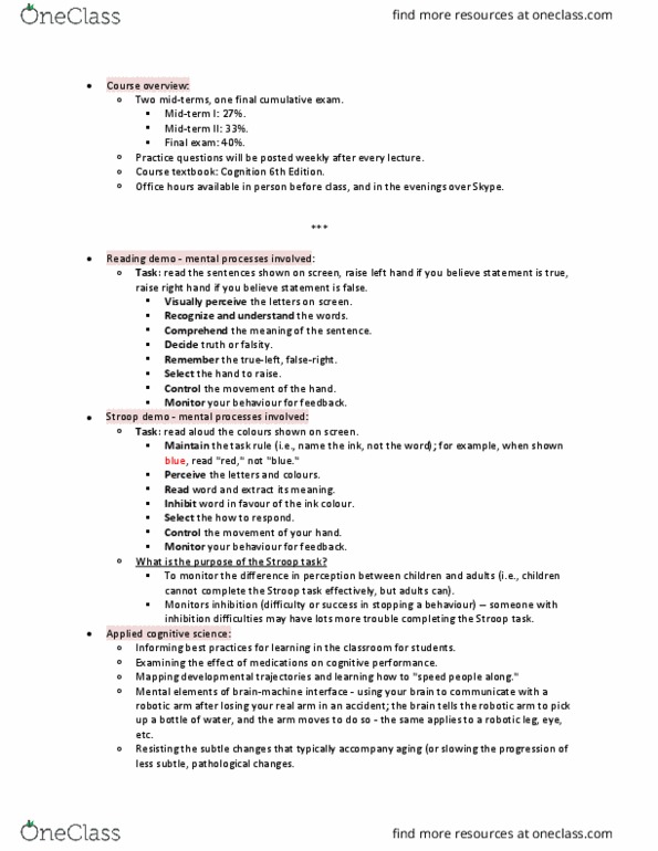 PSYB57H3 Lecture Notes - Lecture 1: Stroop Effect, Information Processing, Behaviorism thumbnail