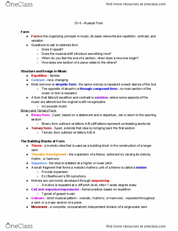 MUSIC 2251 Chapter Notes - Chapter 6: Ternary Form, Binary Form, Ostinato thumbnail