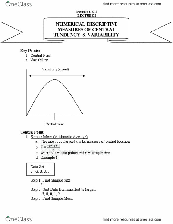 STAT 1000Q Lecture Notes - Lecture 3: Central Tendency, 1, 2 Step, Negative Number cover image