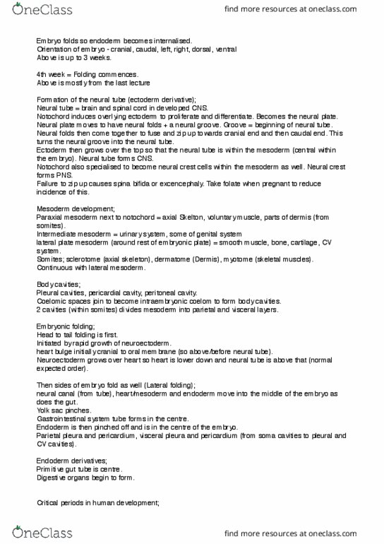 ANHB1101 Lecture Notes - Lecture 23: Lateral Plate Mesoderm, Paraxial Mesoderm, Pulmonary Pleurae thumbnail