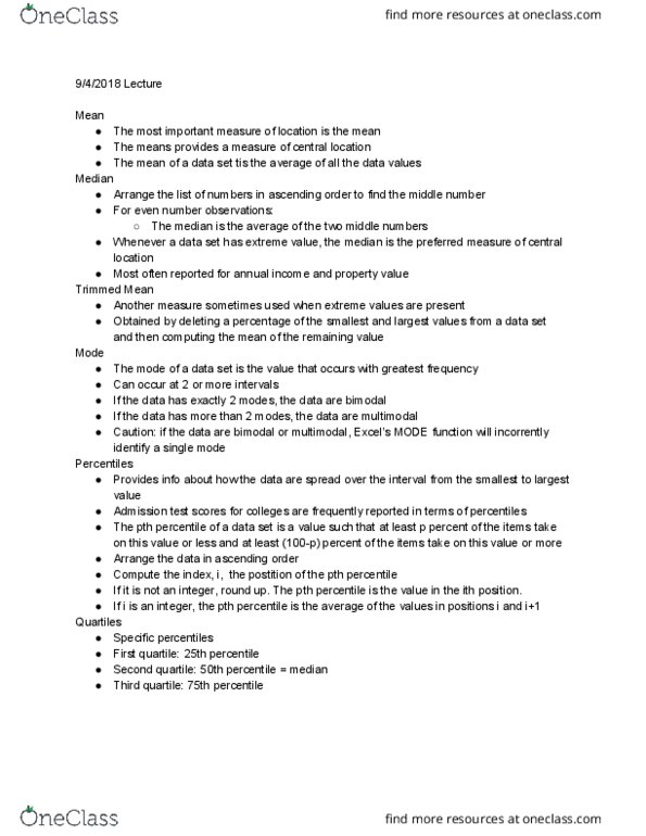 ST 260 Lecture Notes - Lecture 4: Quartile thumbnail