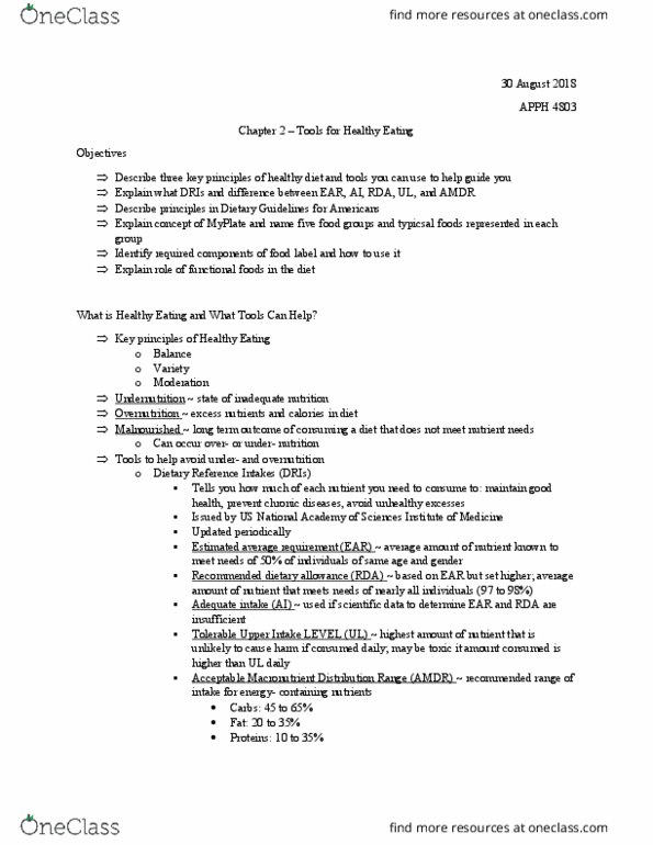 BIOL 4803 Lecture Notes - Lecture 2: Dietary Reference Intake, Overnutrition, Myplate thumbnail