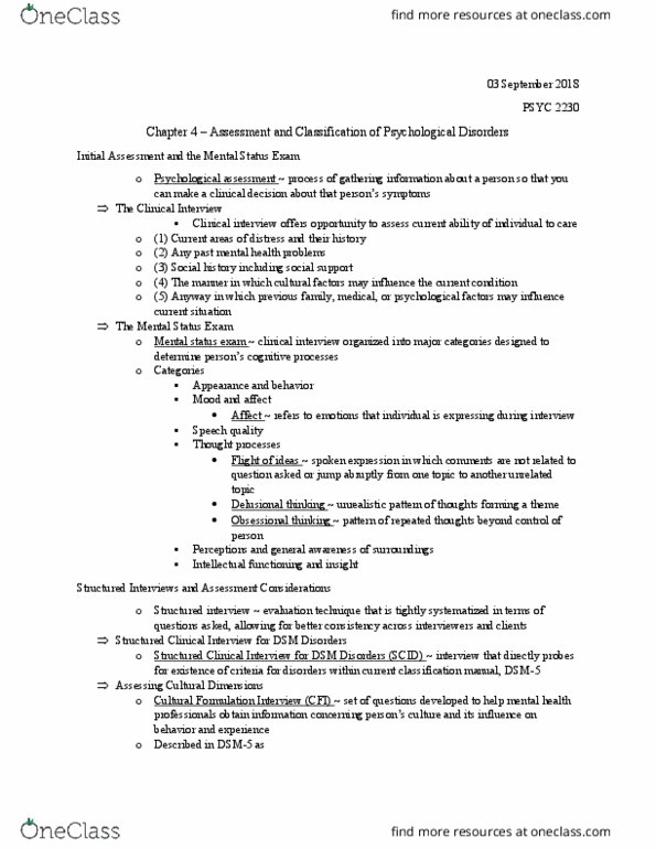 PSYC 2230 Chapter Notes - Chapter 4: Mental Health Professional, Mental Status Examination, Psychological Evaluation thumbnail