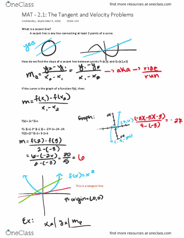 MAT 125 Lecture 5: MAT 125, 2.1 Notes: The Tangent and Velocity Problems cover image