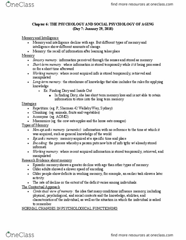 HLTHAGE 1BB3 Lecture Notes - Lecture 6: Finding Dory, Long-Term Memory, Episodic Memory thumbnail