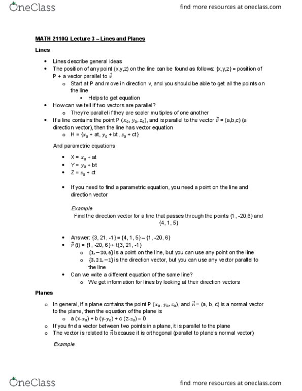 MATH 2110Q Lecture Notes - Lecture 3: Parametric Equation thumbnail