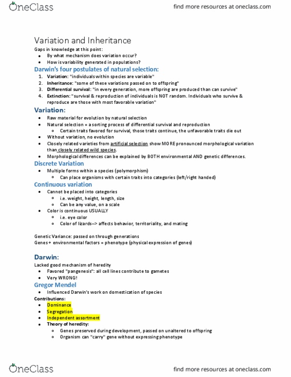 BIOLOGY 1114 Lecture Notes - Lecture 5: Gregor Mendel, Pangenesis, Mendelian Inheritance thumbnail