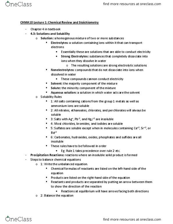 CHMA10H3 Lecture Notes - Lecture 1: Aqueous Solution, Chemical Equation, Stoichiometry thumbnail