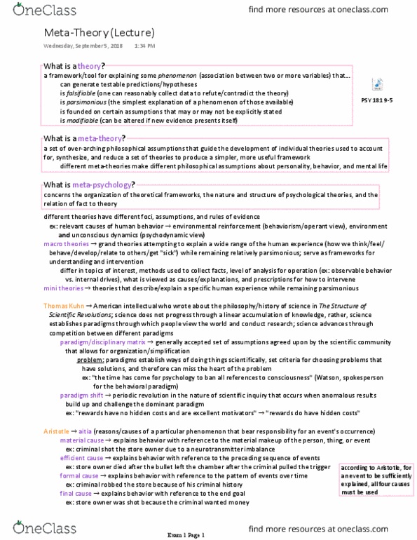 PSY 181 Lecture Notes - Lecture 1: Thomas Kuhn, Metatheory, Paradigm Shift thumbnail