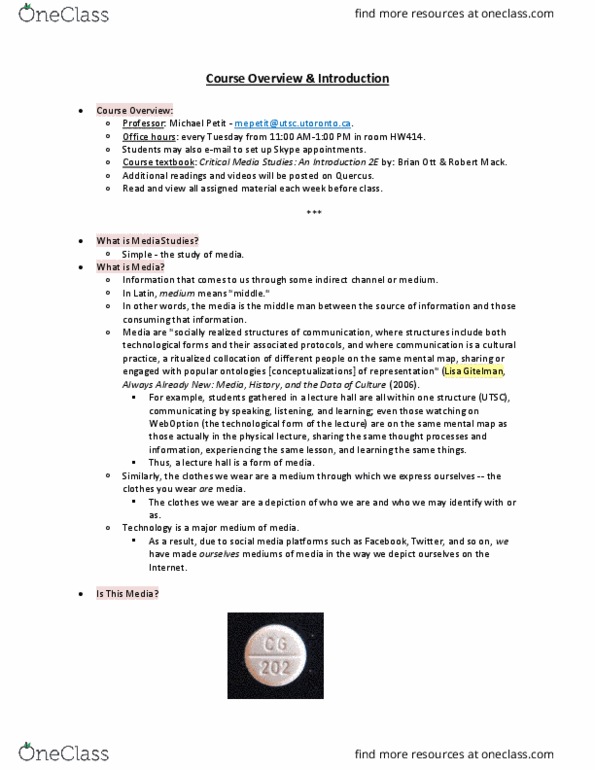 MDSA01H3 Lecture Notes - Lecture 1: Methylphenidate, Stimulant, Attention Deficit Hyperactivity Disorder thumbnail