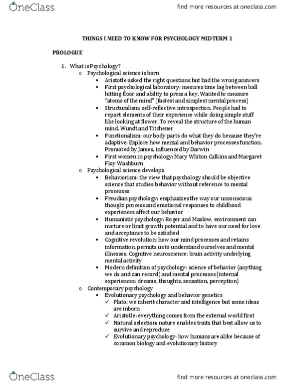 PSY 1101 Lecture Notes - Lecture 1: Margaret Floy Washburn, Mary Whiton Calkins, Behavioural Genetics thumbnail