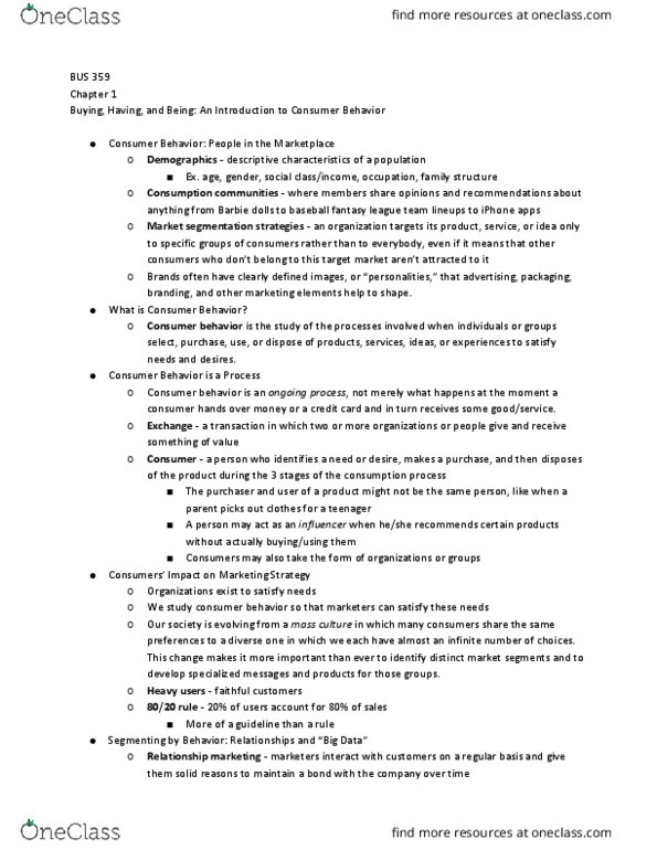 BUS 359 Chapter Notes - Chapter 1: Consumer Behaviour, Relationship Marketing, Role Theory thumbnail