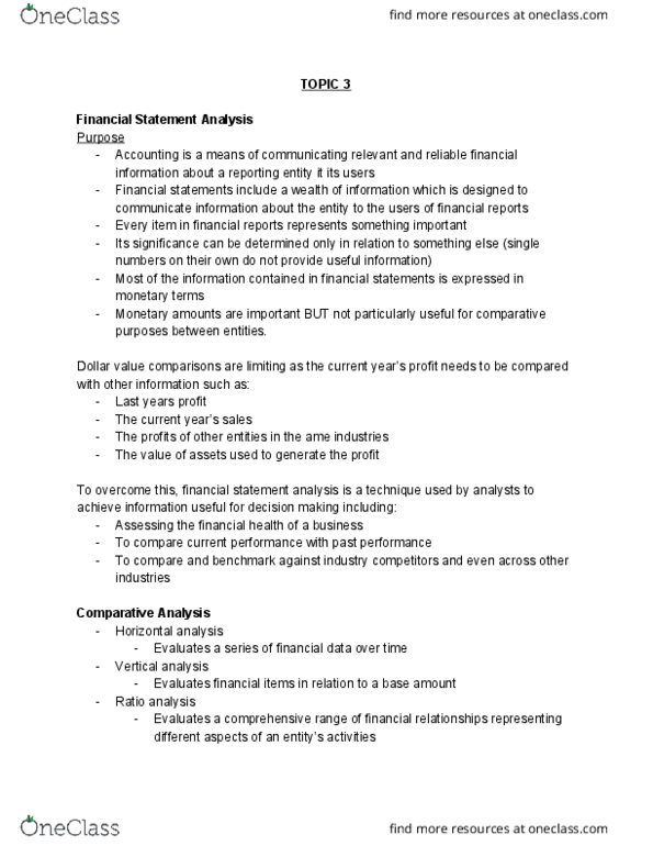 BSB110 Lecture Notes - Lecture 3: Financial Statement Analysis, Financial Statement, Financial Ratio thumbnail