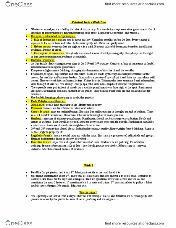 CRM 100 Lecture Notes - Lecture 1: Habeas Corpus, Cesare Beccaria, Actus Reus thumbnail