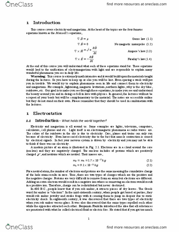 ECE106 Lecture Notes - Lecture 1: Magnetic Monopole, Aurora, Electrostatics thumbnail