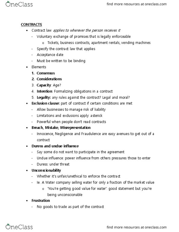 BUS 393 Lecture Notes - Lecture 1: Contract, Undue Influence, Unconscionability thumbnail