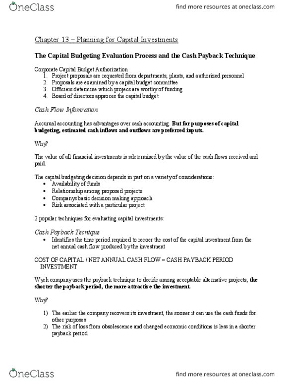 BUS 254 Chapter Notes - Chapter 13: Capital Budgeting, Cash Flow, European Cooperation In Science And Technology thumbnail