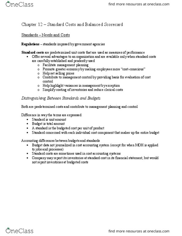 BUS 254 Chapter Notes - Chapter 12: Standard Cost Accounting, Balanced Scorecard, Cost Accounting thumbnail