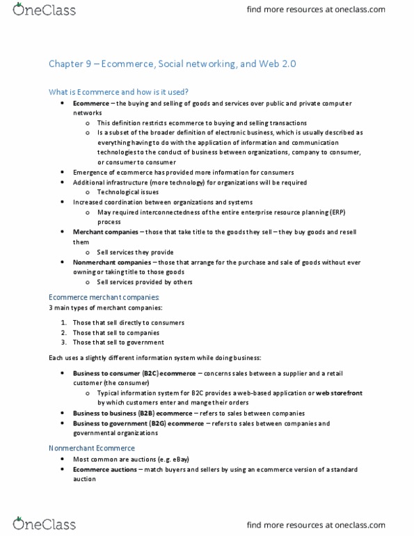 BUS 237 Chapter Notes - Chapter 9: Enterprise Resource Planning, Web 2.0, Retail thumbnail