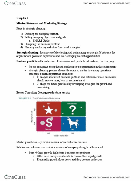 BUS 343 Chapter Notes - Chapter 2: Boston Consulting Group, Strategic Planning, Marketing Strategy thumbnail