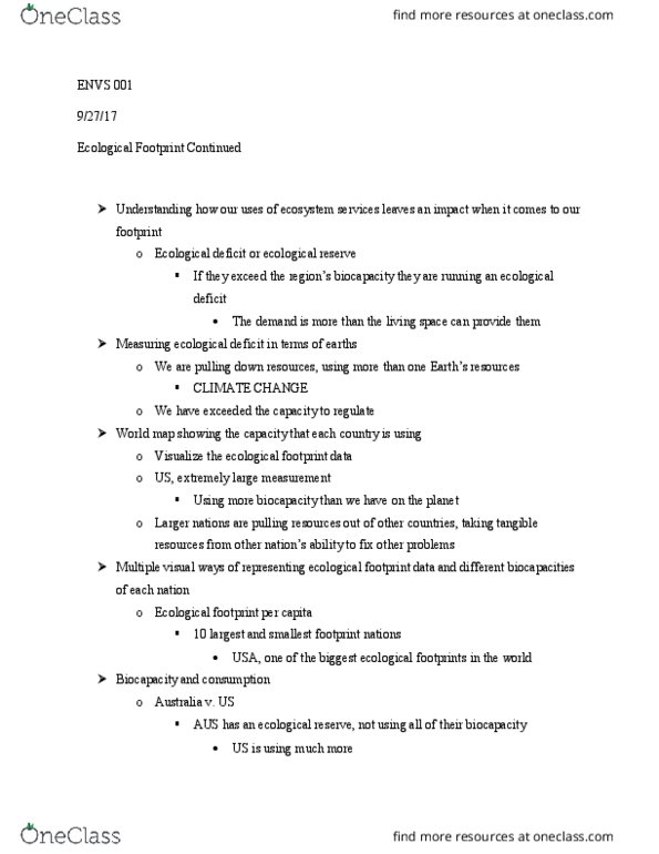 ENVS 001 Lecture Notes - Lecture 26: Ecological Footprint, Ecological Debt, Biocapacity thumbnail