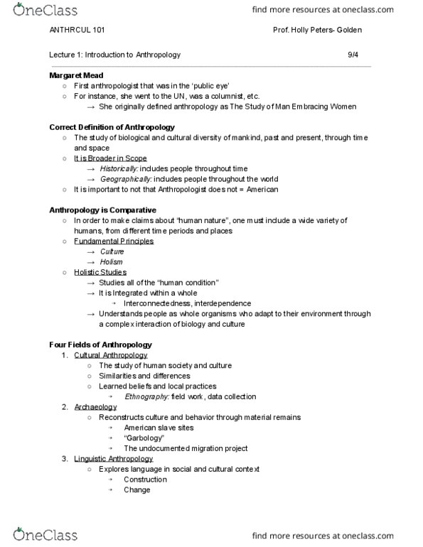 ANTHRCUL 101 Lecture Notes - Lecture 1: Margaret Mead, Garbology, Biological Anthropology thumbnail