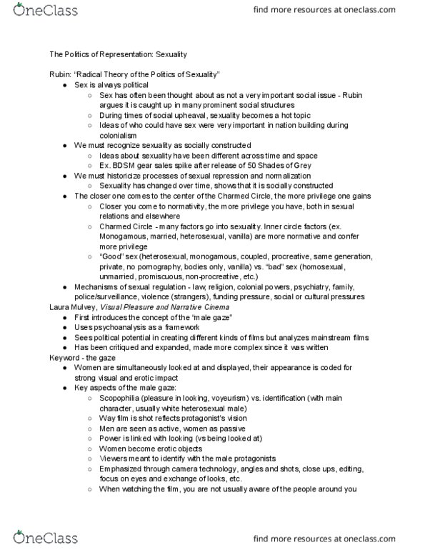 WOMENST 3BB3 Lecture Notes - Lecture 4: Laura Mulvey, Sexual Repression, Scopophilia thumbnail