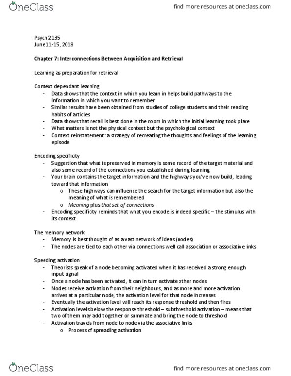 Psychology 2135A/B Chapter Notes - Chapter 7: Episodic Memory, Spreading Activation, Psych thumbnail