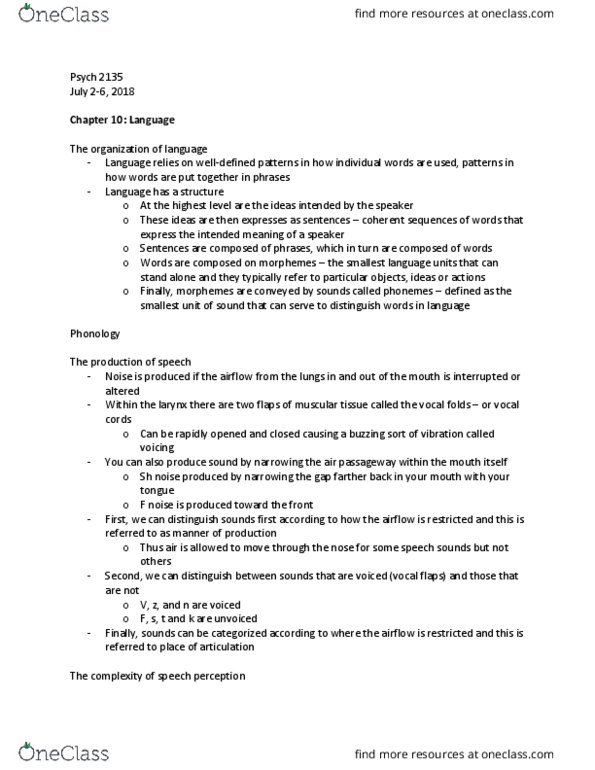 Psychology 2135A/B Chapter Notes - Chapter 10: Vocal Folds, Speech Perception, Speech Segmentation thumbnail