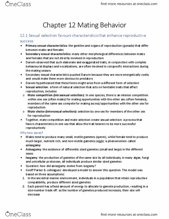 LIFESCI 2D03 Chapter Notes - Chapter 12: Secondary Sex Characteristic, Isogamy, Anisogamy thumbnail