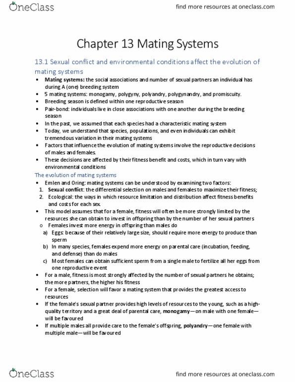 LIFESCI 2D03 Chapter Notes - Chapter 13: Sexual Conflict, Polygynandry, Pair Bond thumbnail