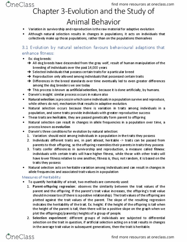 LIFESCI 2D03 Chapter Notes - Chapter 3: Selective Breeding, Allele Frequency, Heritability thumbnail