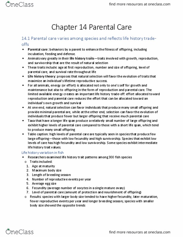 LIFESCI 2D03 Chapter Notes - Chapter 14: Life History Theory, Fecundity, Egg Incubation thumbnail