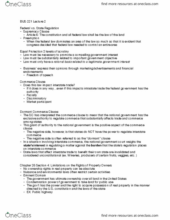 BUS 221 Lecture Notes - Lecture 2: Dormant Commerce Clause, Commerce Clause, Supremacy Clause thumbnail