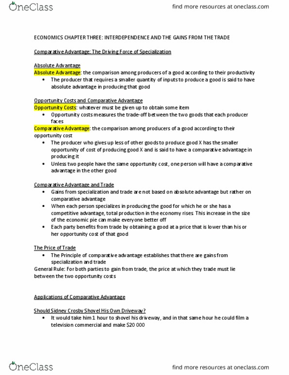 ECON 1000 Chapter Notes - Chapter 3: Sidney Crosby, Absolute Advantage, Comparative Advantage thumbnail