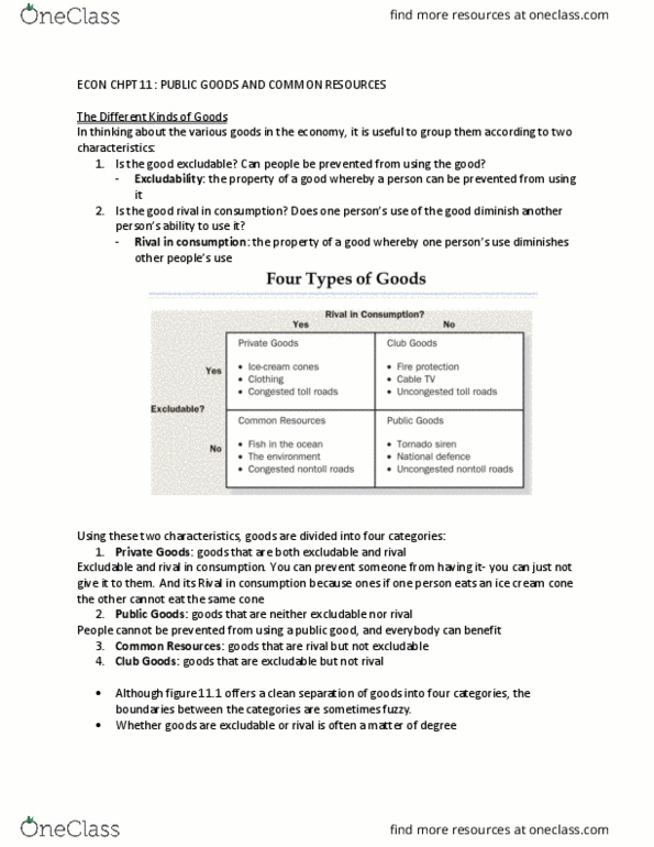 ECON 1000 Chapter Notes - Chapter 11: Ice Cream Cone, Excludability, Externality thumbnail