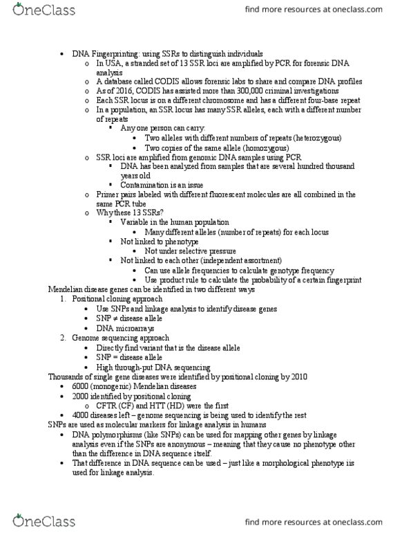 BIO 325 Lecture Notes - Lecture 8: Dna Profiling, Genetic Linkage, Genetic Screen thumbnail