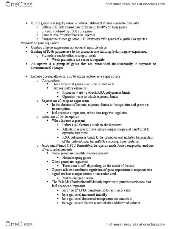 BIO 325 Lecture Notes - Lecture 11: Lac Repressor, Dna-Binding Domain, Lac Operon thumbnail