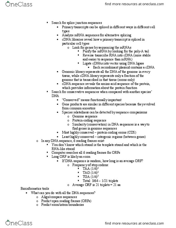 BIO 325 Lecture Notes - Lecture 6: Genomic Library, Dna Ligase, Alternative Splicing thumbnail