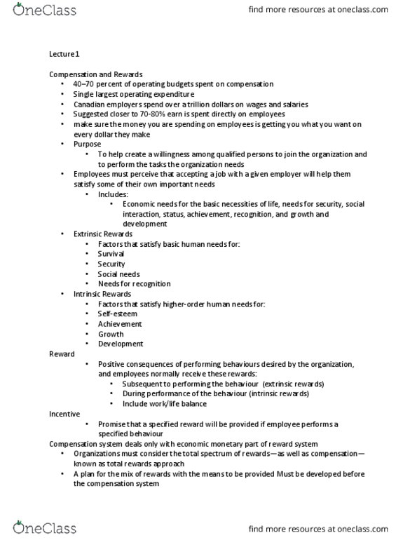 SMO416 Lecture Notes - Lecture 1: Operating Expense, Reward System, Occupational Safety And Health thumbnail