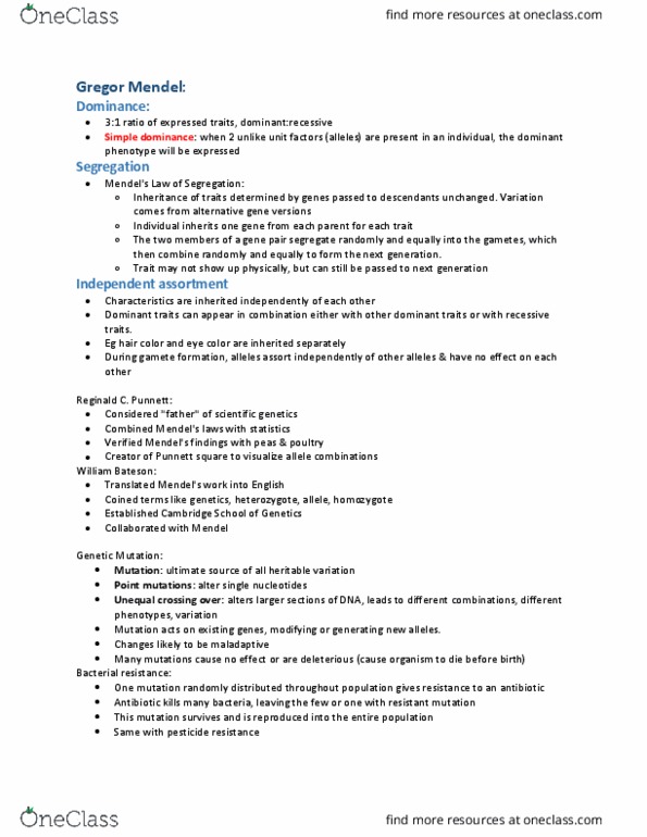BIOLOGY 1114 Lecture Notes - Lecture 7: Gregor Mendel, Punnett Square, William Bateson cover image