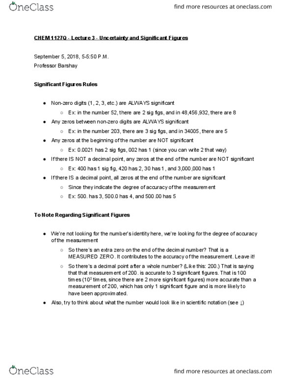 CHEM 1127Q Lecture Notes - Lecture 5: Significant Figures, Decimal Mark, Scientific Notation cover image