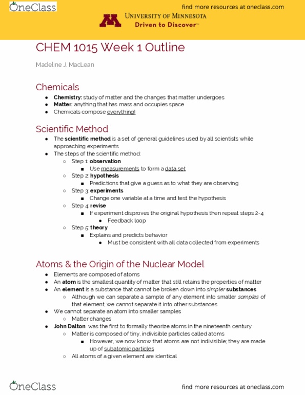 CHEM 1015 Lecture Notes - Lecture 1: Subatomic Particle, Atomic Nucleus, Feedback thumbnail